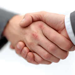 Two hands in a firm handshake, symbolizing business agreement and successful negotiations. The background is clean and white, drawing attention to the gesture of mutual understanding.