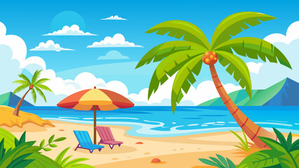 Fototapeta premium Vector art of idyllic tropical beach with leaning palm tree, umbrella, and chairs facing the turquoise ocean under a bright blue sky with scattered clouds, evoking a sense of summer bliss