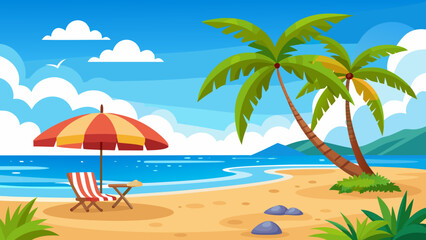 Obraz premium Vector art of a serene tropical beach scene with palm trees, a striped umbrella, and a chair, inviting relaxation and summer vacation vibes under a clear blue sky with fluffy clouds