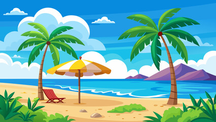 Obraz premium Vector art of a picturesque tropical beach with two palm trees, a chair, and a colorful umbrella, set against the backdrop of the blue ocean and distant mountains under a vibrant sky