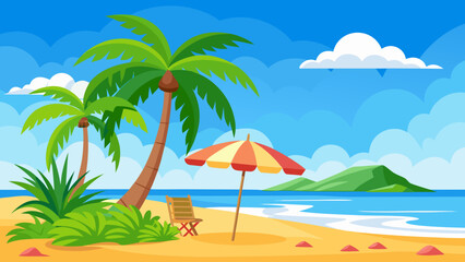 Fototapeta premium Vector art of a picturesque tropical beach featuring lush palm trees, a vibrant umbrella, and a simple chair, overlooking the calm blue sea and a distant green hill on a beautiful summer day