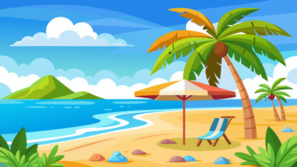 Fototapeta premium Vector art of idyllic tropical beach with leaning palm trees, a colorful umbrella, and a lounge chair, set against a backdrop of blue ocean and distant green mountains under a sunny sky