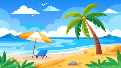 Obraz premium Vector art of a serene beach setting with a palm tree, a striped umbrella, and a chair on the sand, with gentle waves lapping the shore under a vast blue sky with scattered clouds