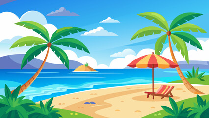 Obraz premium Vector art of idyllic tropical beach with two leaning palm trees, a vibrant beach umbrella, and a striped lounge chair facing the calm blue ocean under a bright sunny sky