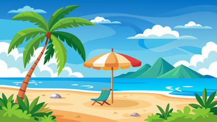 Fototapeta premium Vector art of a serene tropical beach with a single palm tree, a colorful umbrella, and a lounge chair set against a backdrop of lush green mountains and a tranquil blue sea