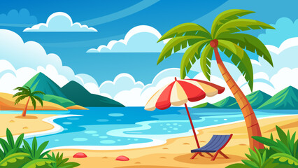 Naklejka premium Vector art of vibrant tropical beach scene with palm trees, umbrella, and lounge chair under a clear blue sky with fluffy clouds, perfect for summer vacation
