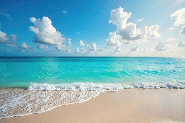 Fototapeta premium Panoramic Atlantic Ocean View Crystal Clear Water, Sandy Shore, Vibrant Sky