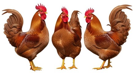 Three brown roosters in different poses isolated on white background