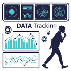 Futuristic data analysis with person tracking screen