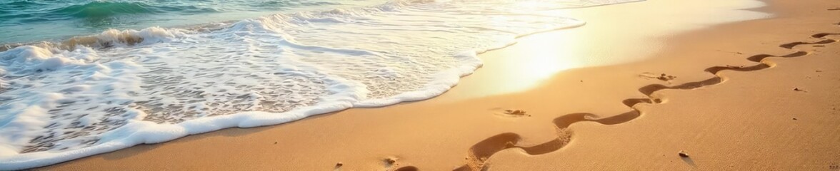 Ocean Waves Crashing on Sunny Beach, Textured Wet Sand, Summer Travel Paradise