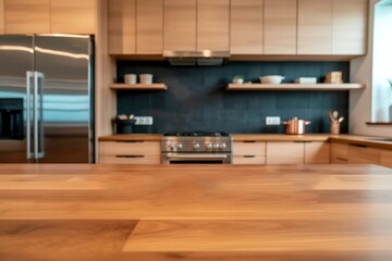 A clean wooden kitchen table with a sharp focus in the foreground, with a modern minimalist kitchen faintly visible in the background.