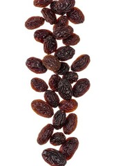 Fototapeta premium Dried brown raisins falling in vertical motion, organic sultana grapes for healthy snacking, sweet sun-dried fruit ingredients for baking isolated PNG with Transparent Background