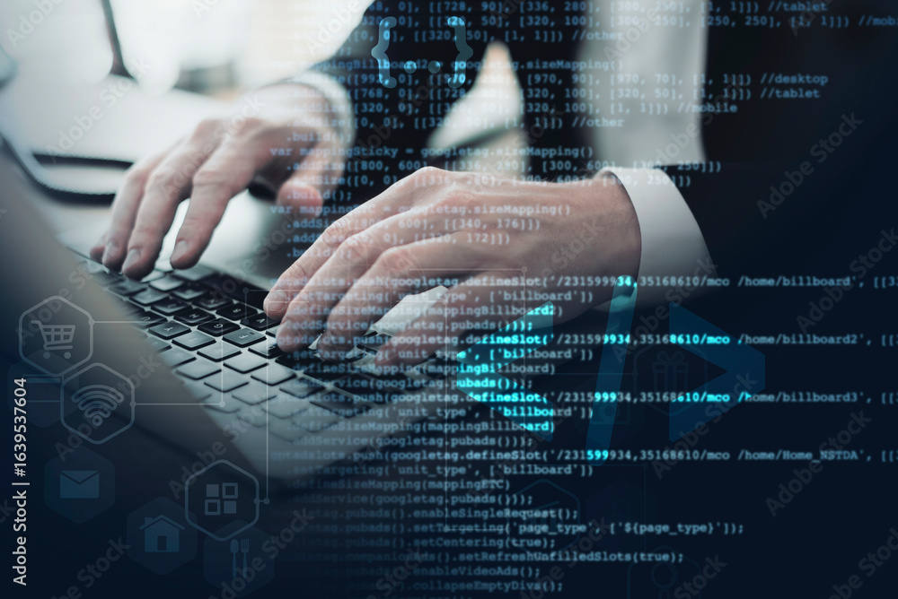 Poster software developer typing code on laptop; futuristic digital overlay; e-commerce, technology, and in