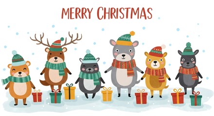Fototapeta premium Cartoon-style animals celebrating winter holidays with scarves and hats