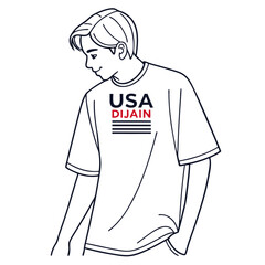 Young man wearing U S A Dijain t shirt graphic