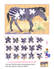 Game find and search. Can you find the three missing jigsaw parts from the picture with the zebra? Logic puzzle for children and adults. Page for kids brain teaser book. Flat hand drawn vector.