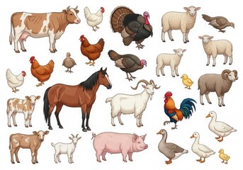 Fototapeta premium Collection of cartoon farm animals including cow, horse, pig, and sheep isolated on a white background