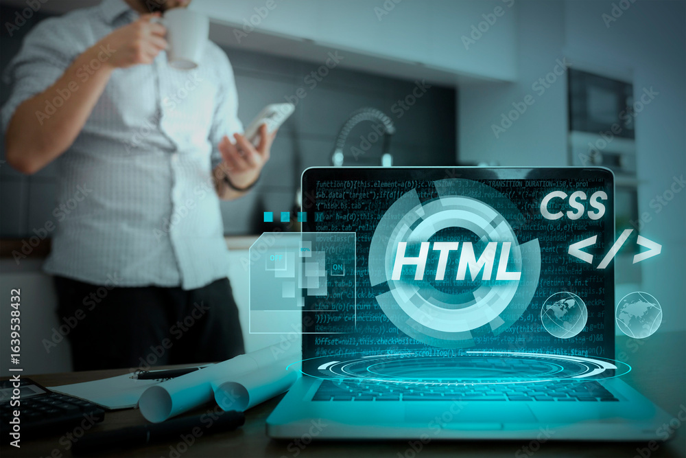 Poster web developer working from home: html, css code on laptop screen, modern tech, relaxed mood, casual 
