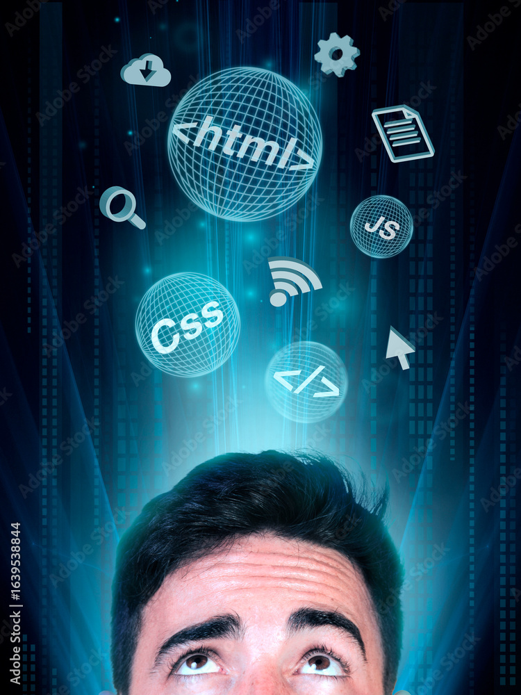 Poster young man contemplating web development; html, css, javascript code spheres, futuristic digital back