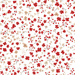 A seamless pattern of small, delicate, and simple flowers in shades of red, orange, and white, with tiny dots and leaves on a clean white background.