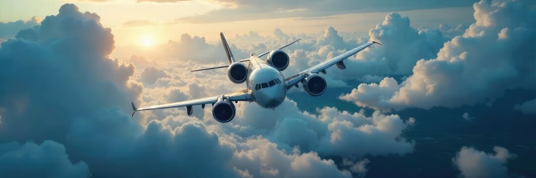 A powerful jet airplane soaring through turbulent skies, wind buffeting its wings The intense forces of nature are evident in the dramatic clouds and dynamic flight , freedom, motion