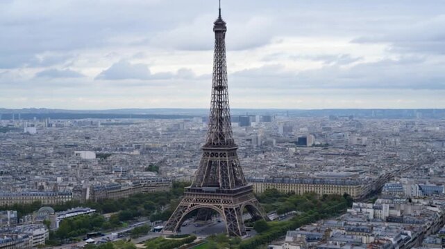 Aerial View of Eiffel Tower in Paris with Moody Dramatic Clouds and Stunning Cityscape &mdash; 4K HD Video Footage Download, Cinematic Detailed Architecture