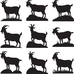 Fototapeta premium Nine Silhouette Goats Standing on Rocks and Grass on White Background animal farm