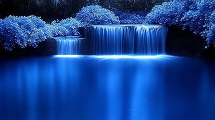 A tranquil waterfall cascading into a still blue pool.