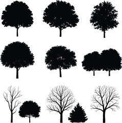 Silhouettes of various tree shapes, leafy and bare trees, nature elements, seasonal tree icons, detailed branch and foliage vectors, outdoor landscape design.