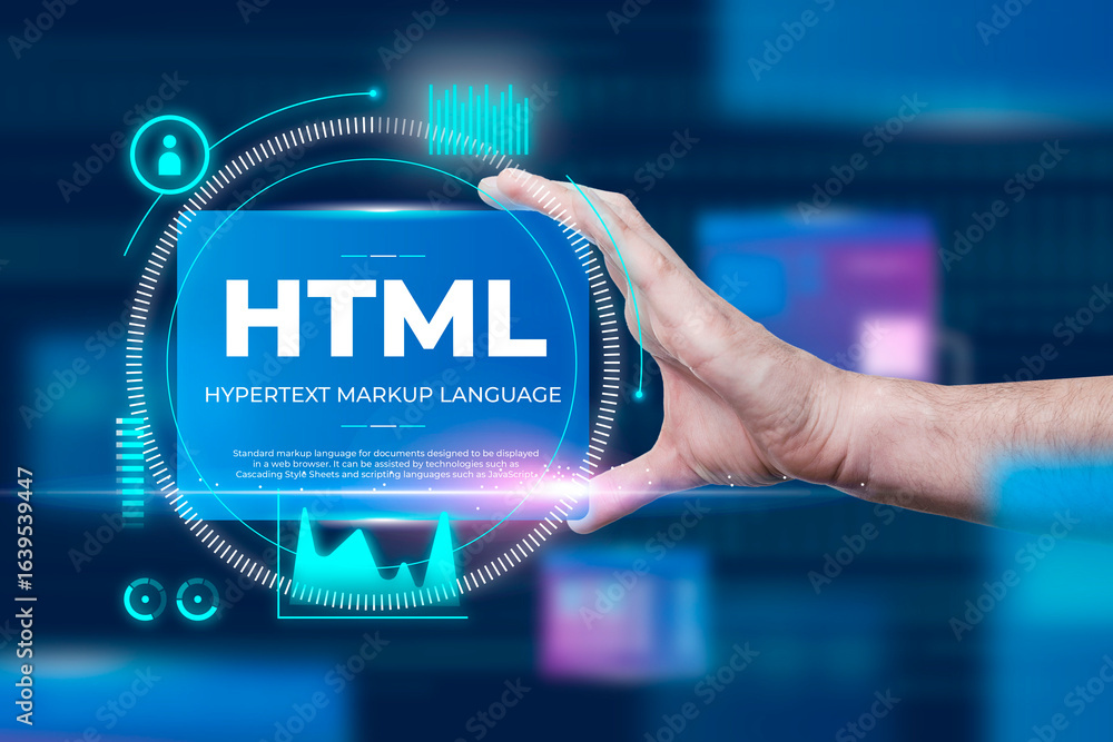 Aufkleber hand holding futuristic html interface; web development, technology, programming concept; blue, vibr