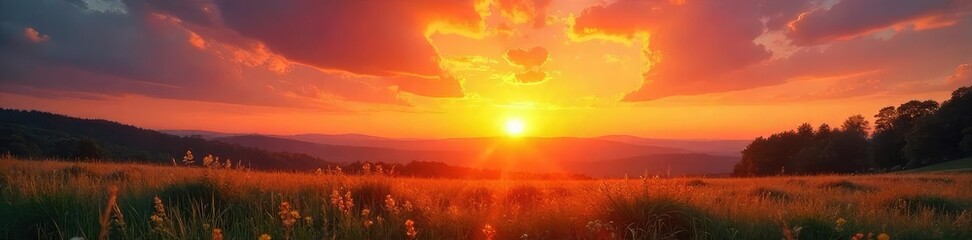 Fototapeta premium A vibrant sunrise paints the sky with warm hues, casting a golden glow over a tranquil landscape; perfect for radio station branding or nature-themed projects , serene, communication, image