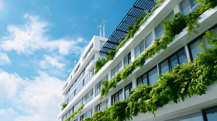 Modern Architectural Building with Greenery and Solar Panels Under Blue Sky