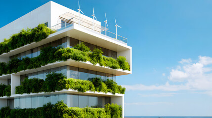 Modern Sustainable Architecture with Lush Greenery and Wind Turbines
