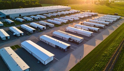 Aerial view of modular housing units surrounded by green fields at sunset