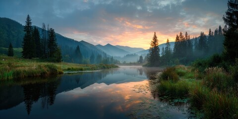 Peaceful alpine lake at sunrise with floral meadow, misty pine slopes, and orange sky reflection ultra-detailed