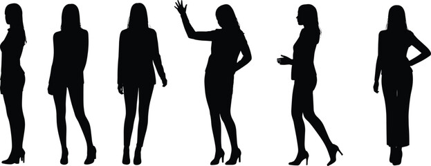 Silhouettes of women standing in various poses, female figure illustration, black fashion model shapes, elegant posture vector design set