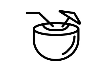 An outline drawing of a coconut drink. The image shows a halved coconut, with a drinking straw and a small umbrella inserted into the top.