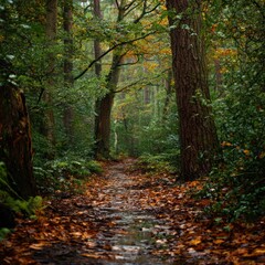 Peaceful autumn forest path with crackling leaves underfoot --raw --v 7 Job ID: 183bb70f-d510-4d56-ac61-a41511222b46