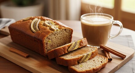 Banana Bread Arranged Neatly With Milk Tea and Cinnamon Sticks for Perfect Morning Breakfast Scene