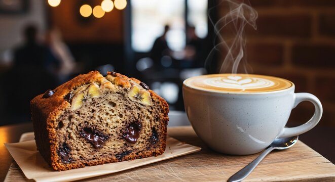 Banana Bread Slice With Melting Chocolate Chips Served Beside Hot Cappuccino in Cozy Café