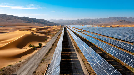 Expansive Solar Panel Array Harnessing Renewable Energy in Desert Landscape