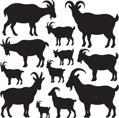 Collection of black goat silhouettes in various poses on a white background animal livestock