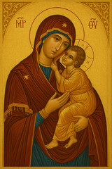 Traditional byzantine orthodox icon of Virgin Mary Tenderly holding infant Jesus with golden background  © Bodrea