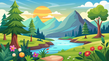 Vector art of serene cartoon landscape featuring grand mountains, a flowing river, rolling green hills, and blooming wildflowers during a beautiful sunrise with soft clouds