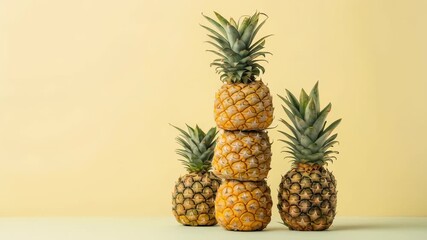 Vibrant display of stacked and grouped pineapples with green leaves light yellow background, showcasing fresh tropical fruit playful arrangements - Powered by Adobe