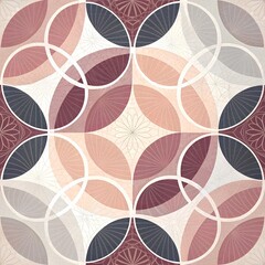 Obraz premium Abstract geometric mosaic with overlapping circles and leaf-like shapes in pink, maroon, gray, and dark blue with intricate line textures