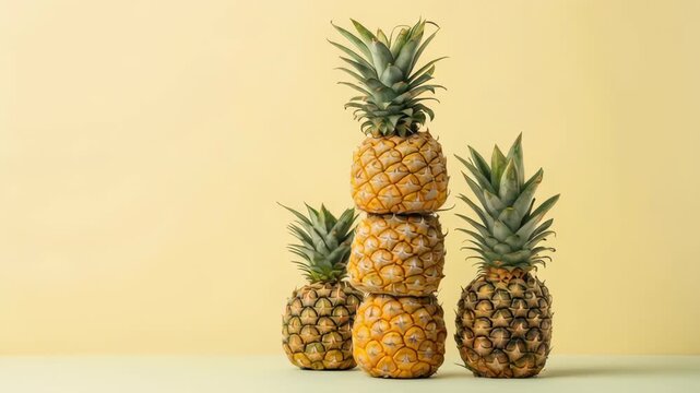 Vibrant display of stacked and grouped pineapples with green leaves light yellow background, showcasing fresh tropical fruit playful arrangements