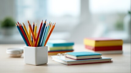 Clean white desk with colorful pencils and notebooks