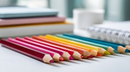 Clean white desk with colorful pencils and notebooks