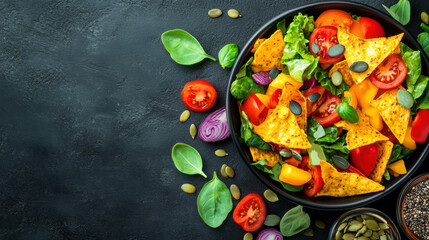 Healthy food vs junk food, Fresh salad with seeds and cheesy nachos on a plate, showcasing healthy and indulgent food options.
